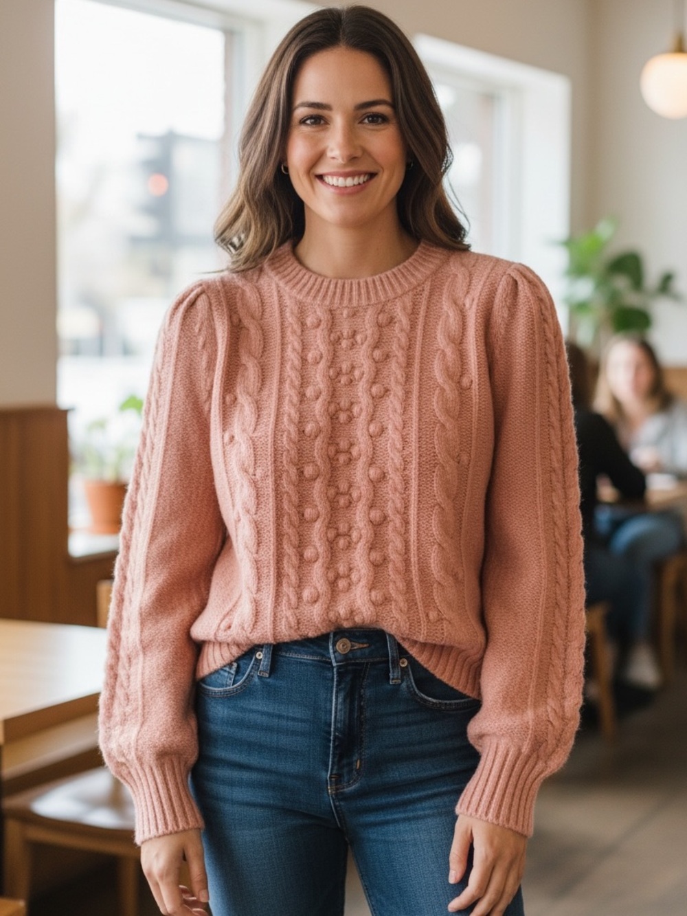 LOFT Dusty Rose Cable Bobble Crewneck Sweater